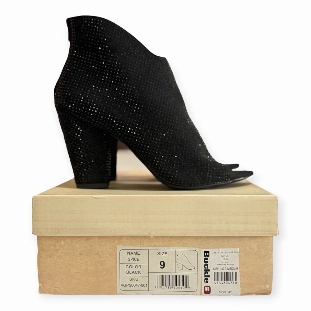 Buckle Spice Black Rhinestone Ankle Booties Peep Toe Block Heel Size 9 M NIB